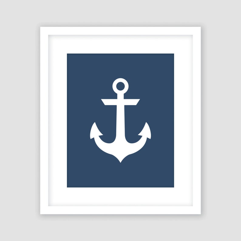 White Anchor On Navy Blue Print Nautical Wall Art Beach Etsy