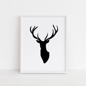 Deer Head Silhouette Print, Black and White Modern Farmhouse Wall Art, Antlers, Modern Nursery Art, Instant Download, Printable