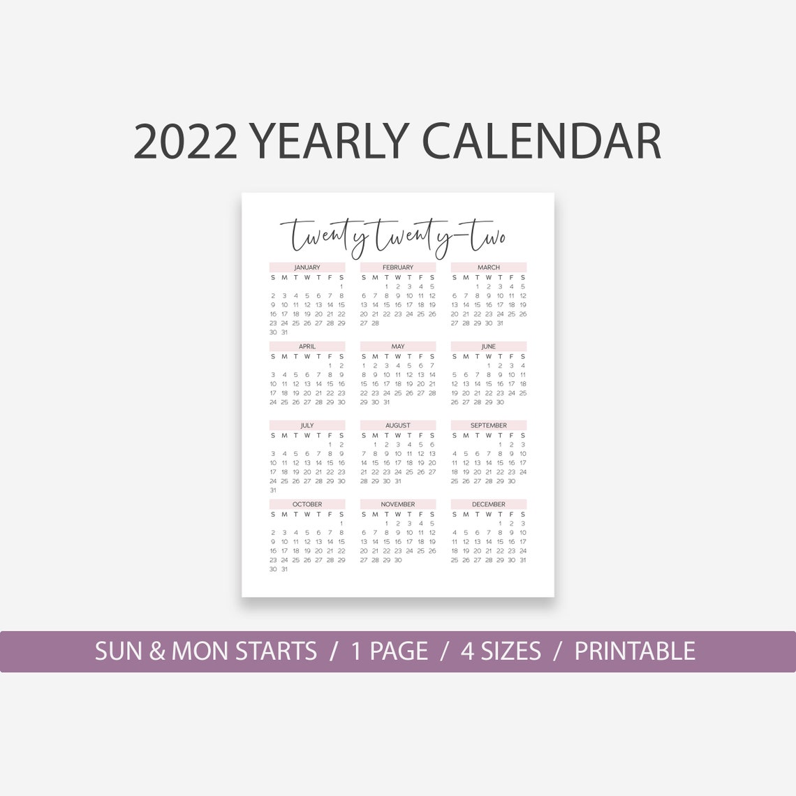 2022 Yearly Calendar Year at a Glance Calendar Blush Pink | Etsy
