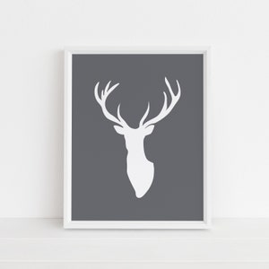 White Deer Head Silhouette on Slate Dark Gray Print, Wall Art, Antlers, Modern Nursery Art, Gender Neutral, Instant Download Printable