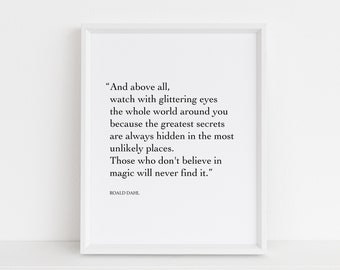 Roald Dahl Print, Glittering Eyes, Magic, Minpins Quote, Black and White Typography, Motivation, Inspirational, Vertical Print, Square