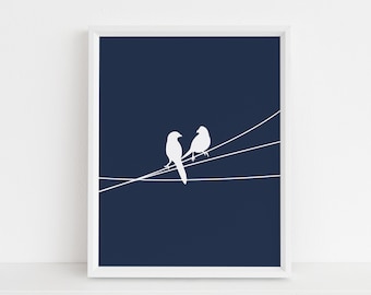 Birds on a Wire Print, Bleu marine et blanc, Animal Wall Art, Modern Nursery Art, Téléchargement instantané, Office Printable