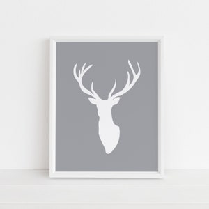 Gray Deer Print, Deer Head, Silver Gray Print, Silver Deer Head Silhouette, Light Gray Wall Art, Antlers Printable