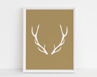 Gold Deer Antlers Print, White and Gold Print, Animal Wall Art, Modern Art, Instant Download, Christmas Reindeer Antlers