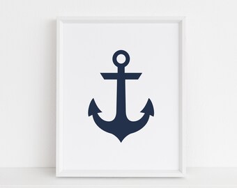 Ancla azul marino en blanco, arte de la pared náutica, decoración de la playa, arte moderno del vivero, descarga instantánea, costera imprimible