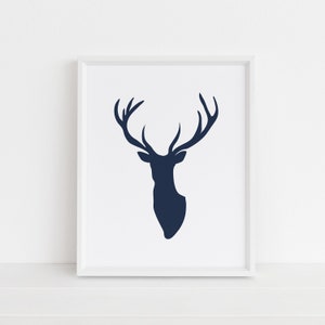 Navy Blue Deer Head Silhouette on White Print, Wall Art, Antlers, Modern Nursery Art, Instant Download, Printable