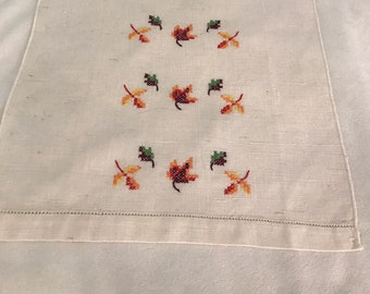 Vintage linen tea towel autumn leaves
