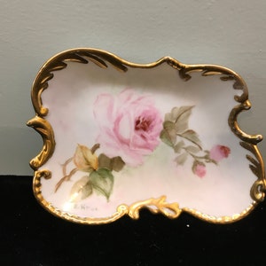 Handpainted pin tray with roses trimmed in gold