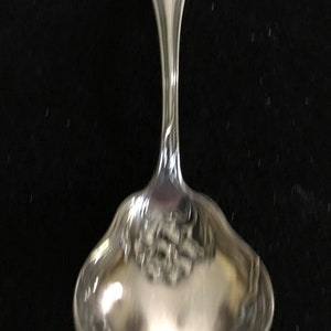 Può includere: Un cucchiaio da portata in argento con un manico decorativo e una ciotola larga e arrotondata.