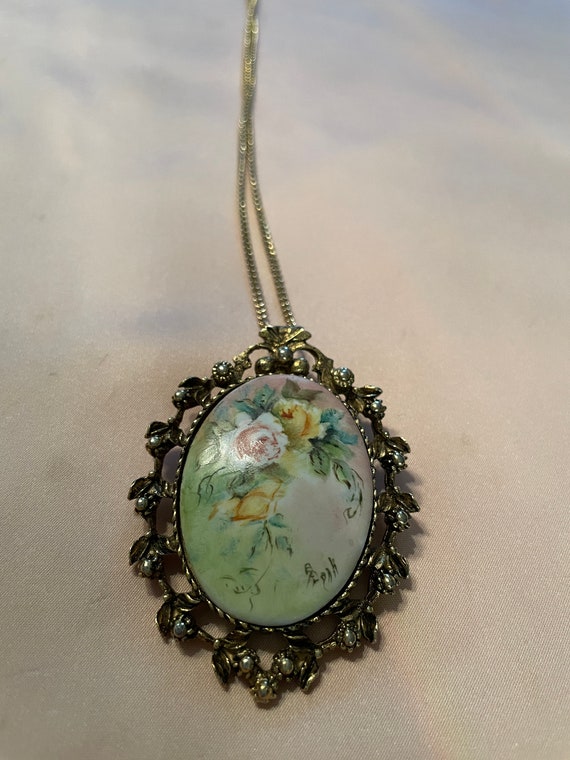 Handpainted roses on bisque necklace pin