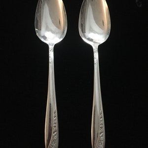 May include: Two silver spoons with ornate floral designs on the handles. The spoons are polished and reflect light.