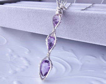 Amethyst Wire Wrapped in Sterling Silver Pendant Necklace, Handmade Jewellery