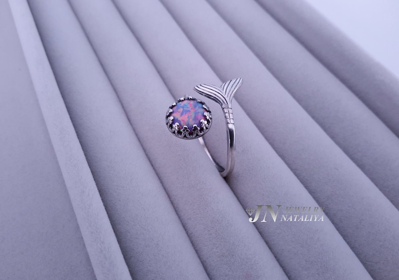 41R Oxidized Sterling Silver 925 Ring Setting with Mermaid and Synthetic Opal Gift For Her