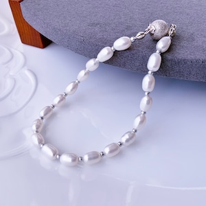 Elegant Rice White Freshwater Pearls Bracelet 925 Sterling Silver Clasp Gift For Her