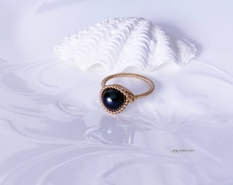 Yellow Gold-Filled Round Wire 14/20 Ring Black Freshwater Pearl Ring Gift For Her (129R)