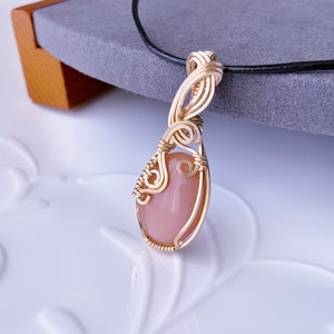 Peach Moonstone Natural Gem Pendant Wire Wrapped Handmade Yellow Gold-Filled Square Wire 14/20 Gift For Her
