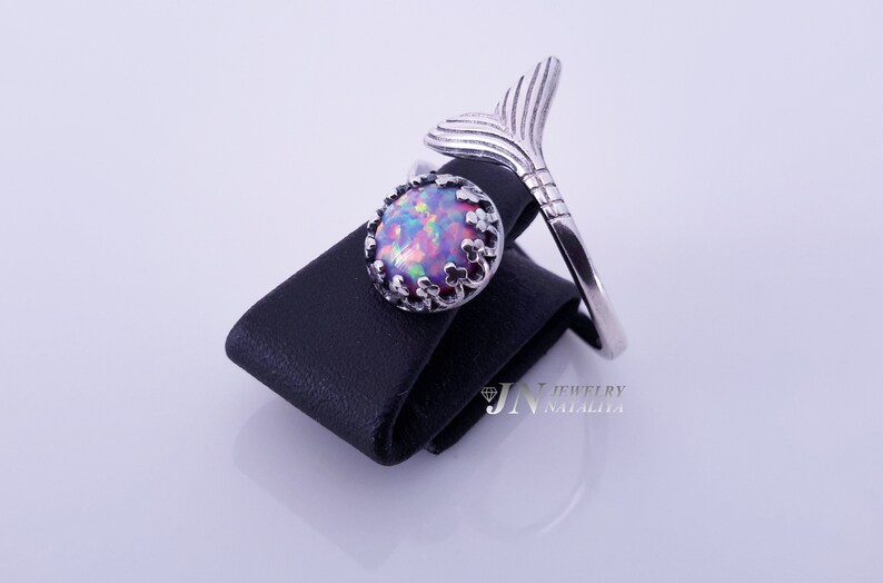 41R Oxidized Sterling Silver 925 Ring Setting with Mermaid and Synthetic Opal Gift For Her