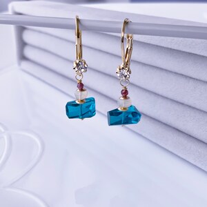 Blue Apatite Color Quartz Faceted Nugget Beads Earrings Cubic Drop Leverback Ear Hooks Earring Gold Plated over Brass Gift For Her