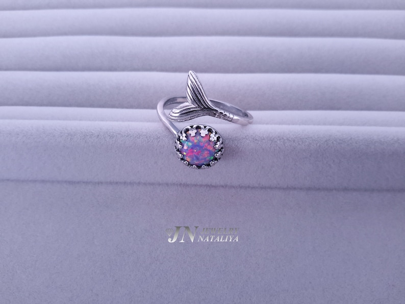 41R Oxidized Sterling Silver 925 Ring Setting with Mermaid and Synthetic Opal Gift For Her