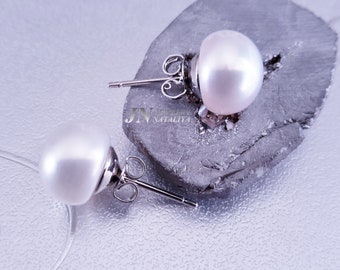 White Freshwater Half-drilled  Pearl Earrings  Silver Plated with 925 Sterling Silver Post (1E)