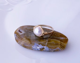 White Freshwater Pearls Ring Wire Wrapping Handmade 14/20 Yellow Gold-Filled Square Wire Ring Gift For Her