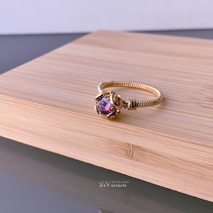 Wire Wrapped Handmade Yellow Gold-Filled Round Wire 14/20 Ring Cubic Zirconia Round 5 mm Rhodolite Minimalist Jewellery Gift For Her