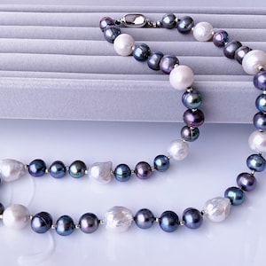 Peacock Freshwater Pearls Blue Black Round Freshwater Pearl Necklace Freshwater Pearls Necklace Gift for Her
