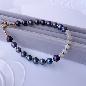 Peacock Freshwater Pearls Blue Black Round Freshwater Pearl Bracelet Ethiopian Opal smooth rondelle shape beads Bracelet Gift For Her