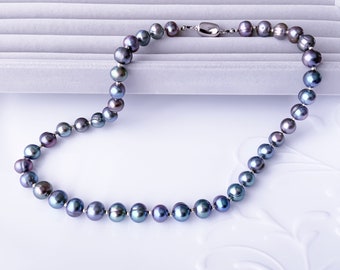 Peacock Freshwater Pearls Blue Black Round Freshwater Pearl Necklace Freshwater Pearls Necklace Gift for Her