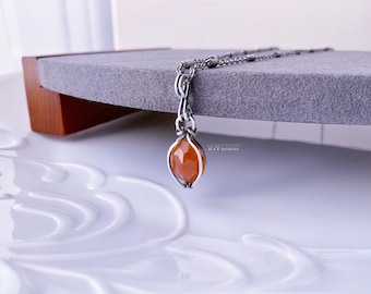 Carnelian Agate Pendant Necklace, Handmade Wrapped in Oxidized Sterling Silver Wire, Handmade Jewellery