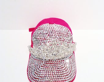 Gorra de princesa #SOFIA012020-XL56 para correr con joyas, color rosa, con lentejuelas plateadas y corona plateada