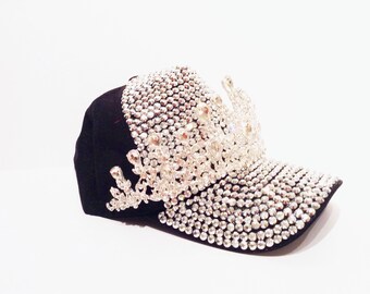 Gorra de princesa #VERA012022-XL81 para correr con joyas, color negro, con corona plateada y lentejuelas plateadas
