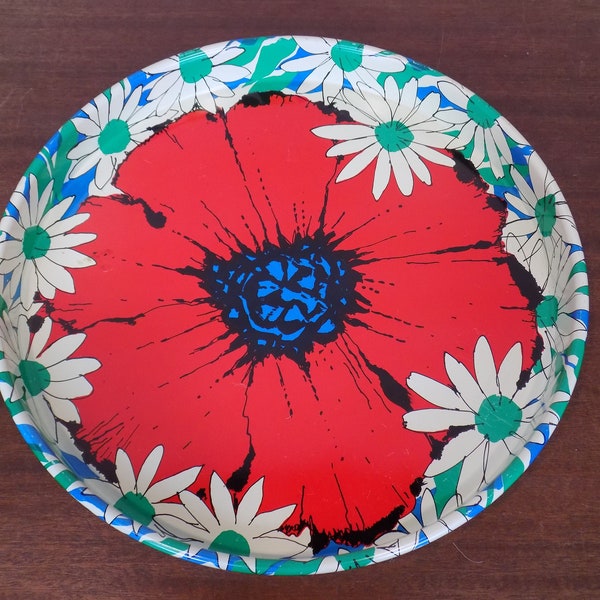 Vintage Red Poppy Flower Bar Tray 1960s 1970s