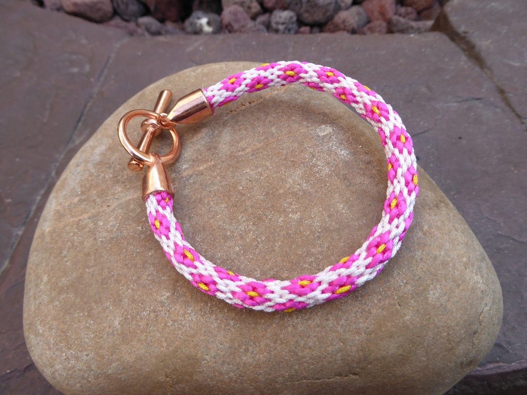 Pink Braided Flower Bracelet. Pink and White Bracelet. Etsy