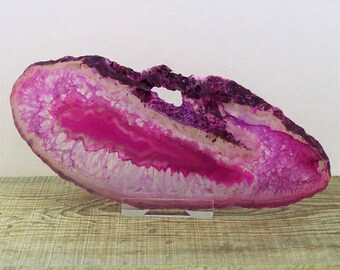 Pink Agate Slice, Banded Quartz Druzy, Polished Geode, 148mmx65mmx4.5mm, 86g #3 Size, Mobiles, Suncatchers, Wind Chimes, Craft Projects