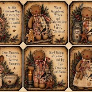 May include: A set of six rectangular digital prints featuring gingerbread figures with holiday text. Each image displays a brown gingerbread character surrounded by pine branches, berries, and stars, with phrases like A little Christmas Magic.