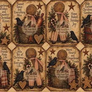 May include: A set of eight rectangular labels featuring gingerbread figures, black crows, stars, and holiday text including Gingerbread Wishes, Home Baked Holiday Joy, and Olde Front Porch Primitives. The illustrations have a sepia-toned, aged paper appearance with rustic decorative elements.