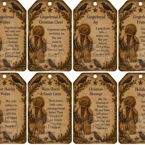 May include: A set of eight rectangular paper gift tags with rounded tops and punched holes. Each tag features a gingerbread person illustration, pine branches, stars, and black crows. Text includes phrases like Gingerbread Wishes.