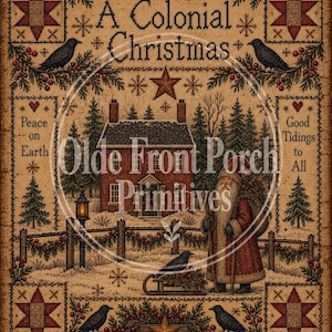 Puede incluir: Un letrero de pared rectangular con una escena invernal que muestra una casa roja, una figura de Santa Claus y cuervos negros. El texto dice A Colonial Christmas, Peace on Earth y Good Tidings to All. El borde incluye estrellas rojas.