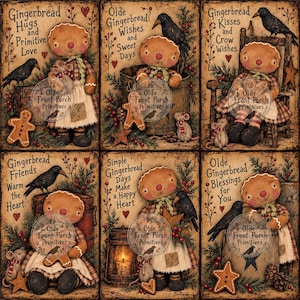 May include: A set of six decorative prints featuring gingerbread figures, crows, mice, and lanterns. Each panel includes text such as Gingerbread Hugs and Primitive Love, Olde Gingerbread Wishes and Sweet Days, Gingerbread Kisses and Crow Wishes.