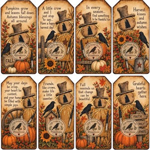 May include: A set of eight rectangular gift tags featuring autumn-themed illustrations of scarecrows, black crows, pumpkins, sunflowers, and fall foliage. Each tag includes inspirational text and a circular Olde Front Porch Primitives logo.