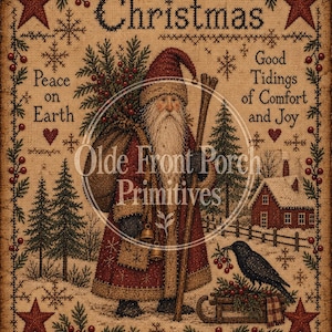 Puede incluir: Un tapiz rectangular con una ilustración estilo punto de cruz de Santa Claus con un saco y un bastón. El texto dice Christmas, Peace on Earth y Good Tidings of Comfort and Joy, con estrellas rojas, pinos y un cuervo.