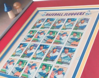 Beautifully Framed Vintage "Baseball Sluggers" Stamp Sheet   - Mickey Mantle, Mel Ott
