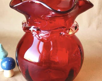 Vintage Rainbow Ruby Red Optic Glass Ruffle Vase Applied Rigaree
