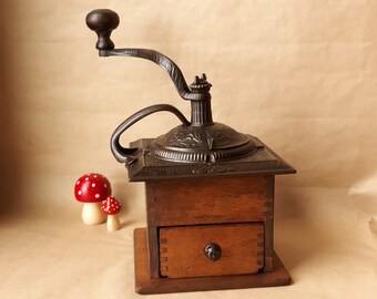 Working Antique Imperial Coffee Mill Grinder - Cast Iron & Wood 1890s - Rustic Farmhouse Cottage