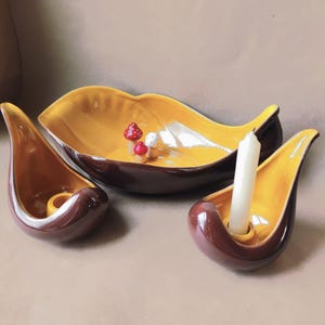 Vintage Red Wing Pottery Bowl and Candleholders - Console Set