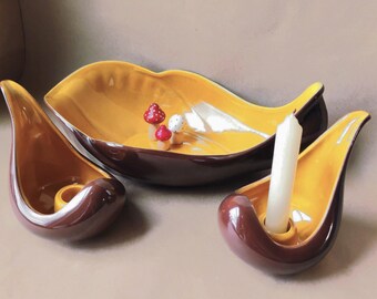 Vintage Red Wing Pottery Bowl and Candleholders - Console Set