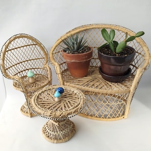 Vintage Mini Wicker Peacock Furniture Set - Plant Stand Doll Display