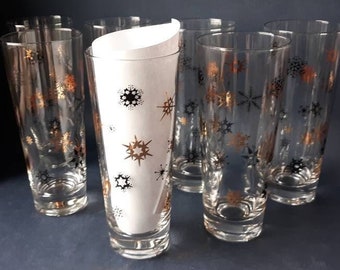 Awesome Mid Century Federal Snowflake Starburst Highball Cocktail Glasses Black Gold