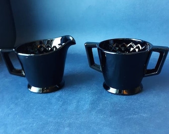 Vintage Art Deco Black Amethyst Cream and Sugar Set